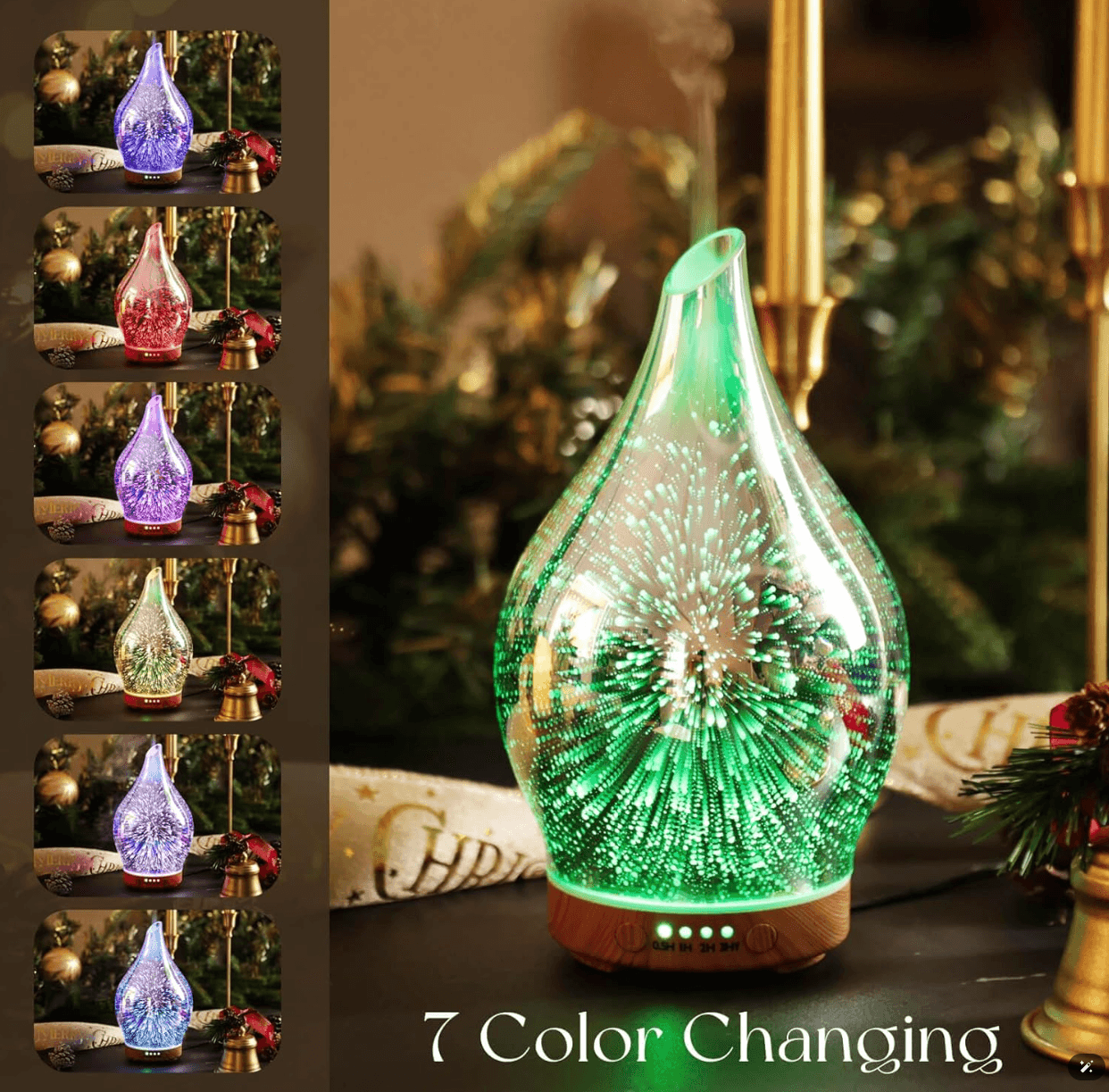 3D Firework Glass Essential Oil Diffuser - Ultrasonic Aromatherapy Humidifier with 7 Color Night Light
